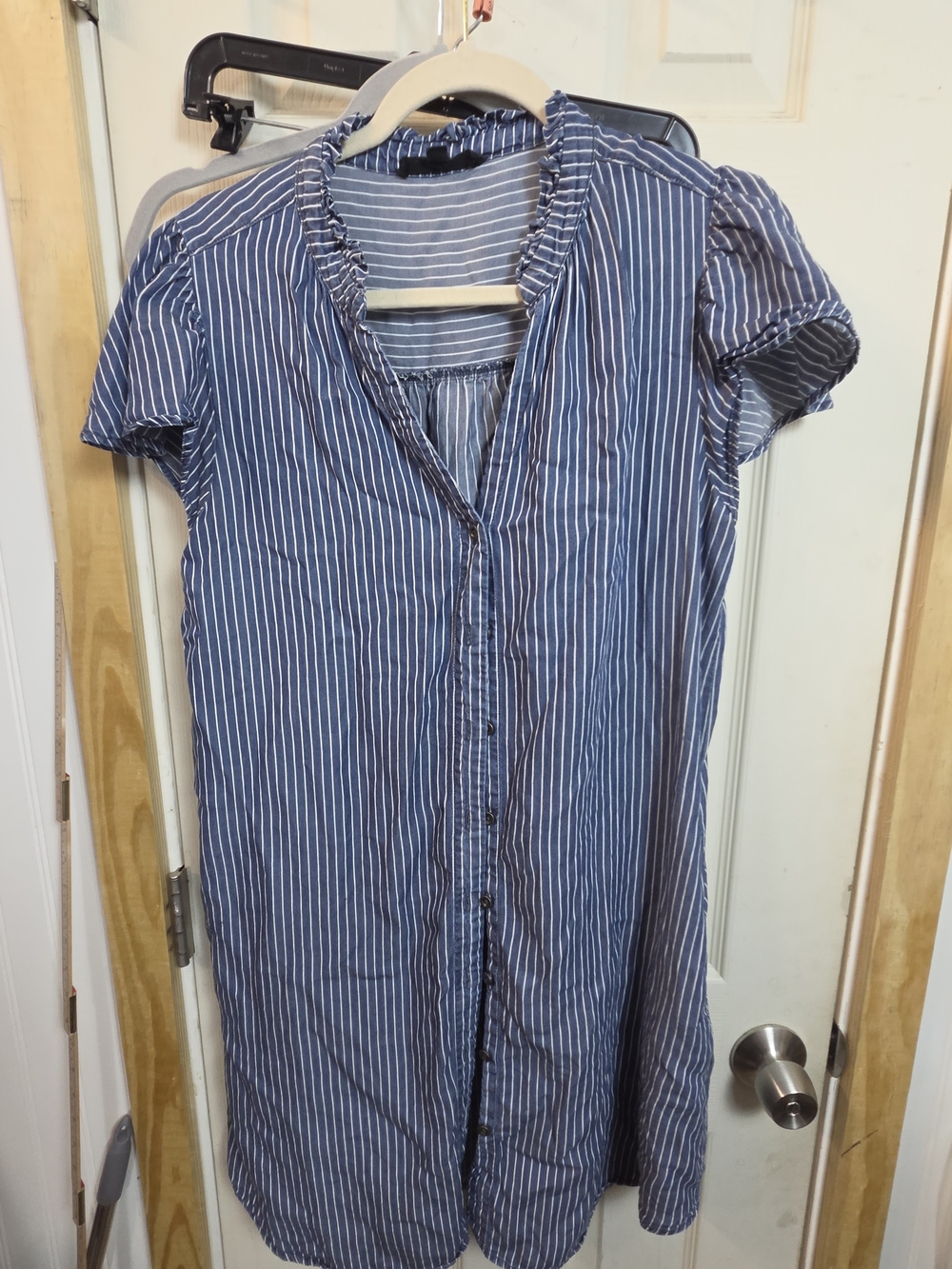 Button Front Shift Dress Women’s Striped Blue Short-Sleeve #0476